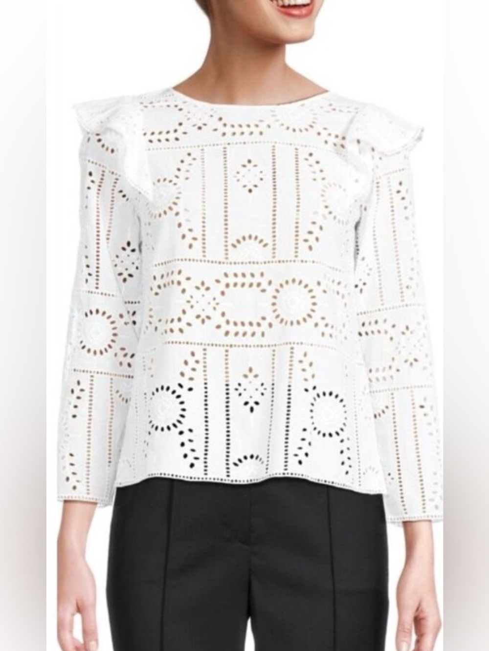 The Kooples Ruffle Shoulder White Eyelet Embroidered Blouse NWT Size 2 Small
